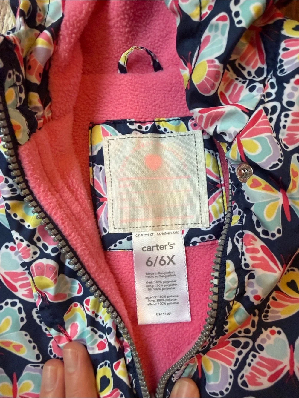 Kids Butterfly Print Hooded Rain Jacket - Pink & Navy. Pink fleece lined.